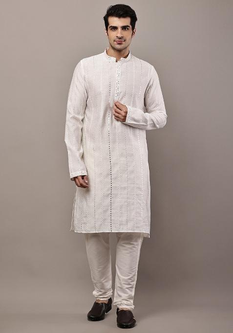 White Embroidered Viscose Kurta For Men