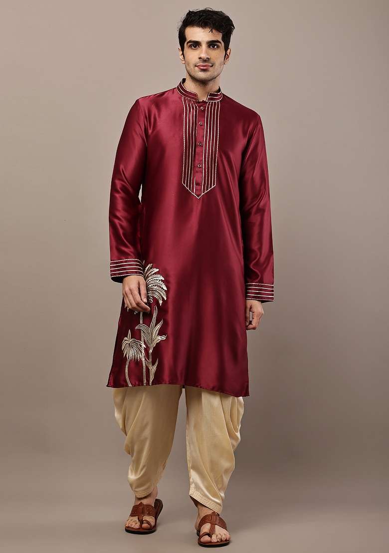 Maroon Embroidered Viscose Kurta For Men - Indya