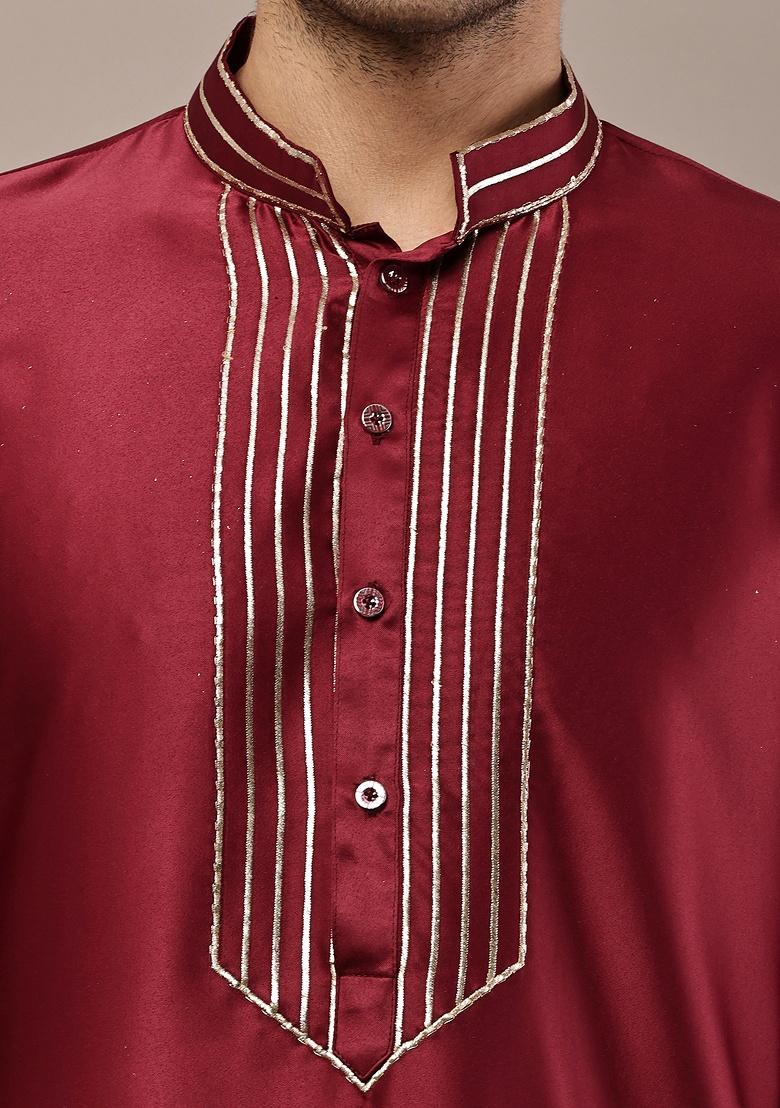 Maroon Embroidered Viscose Kurta For Men - Indya