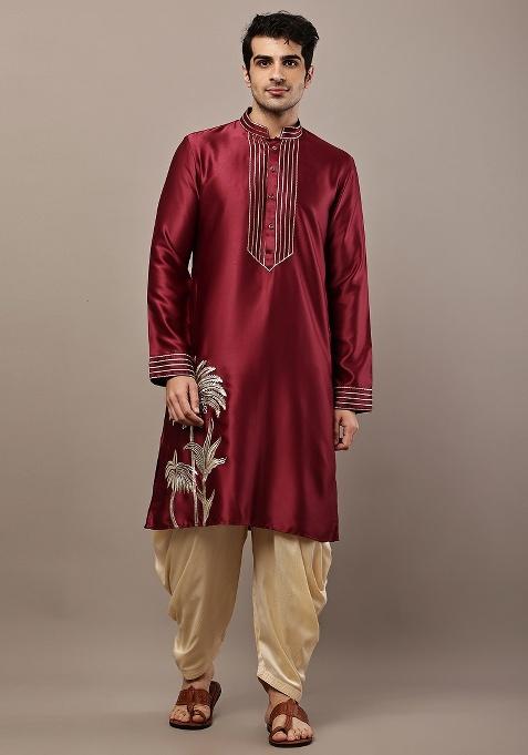 Maroon Embroidered Viscose Kurta For Men