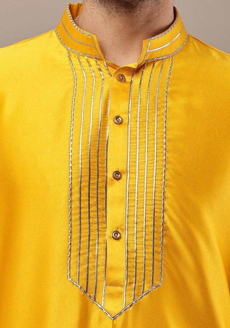 Mustard Embroidered Viscose Kurta For Men - Indya