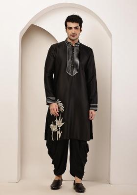 Black Embroidered Viscose Kurta For Men