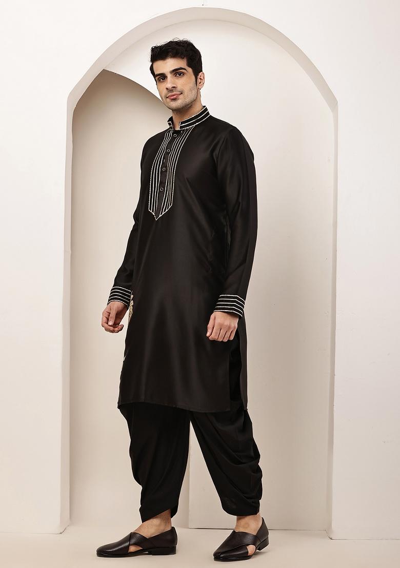 Black Embroidered Viscose Kurta For Men - Indya