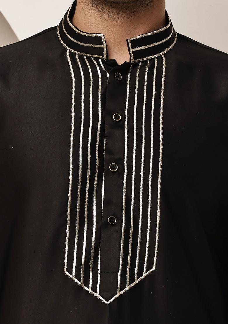 Black Embroidered Viscose Kurta For Men - Indya
