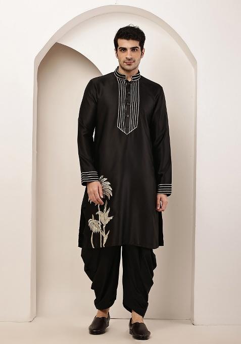 Black Embroidered Viscose Kurta For Men