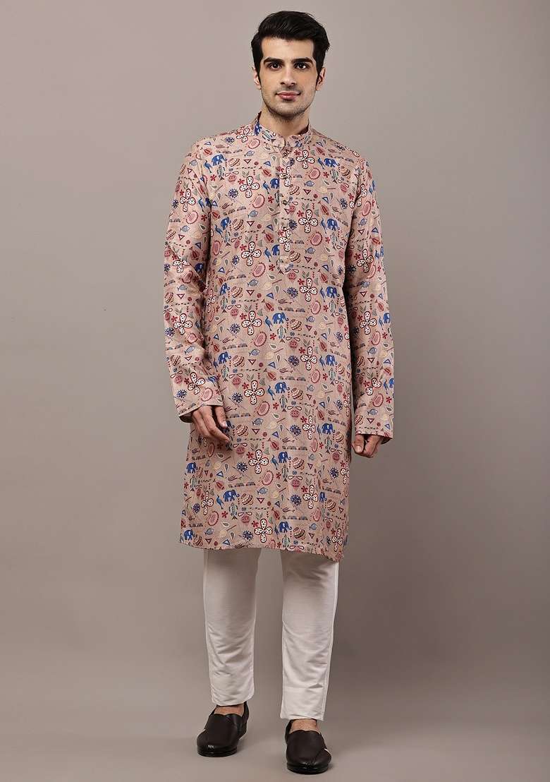 Brown Embroidered Viscose Kurta For Men - Indya