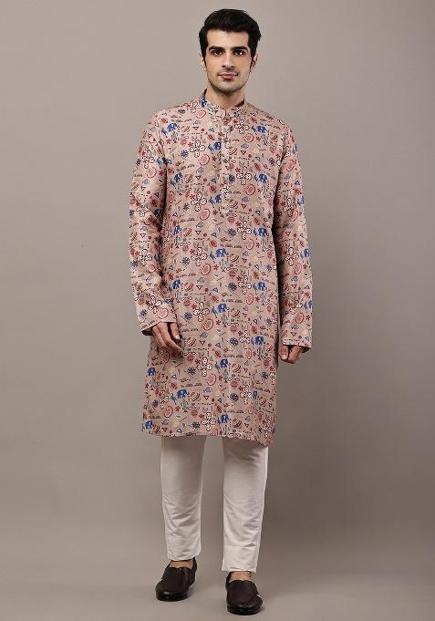 Brown Embroidered Viscose Kurta For Men