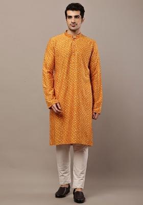 Mustard Embroidered Viscose Kurta For Men