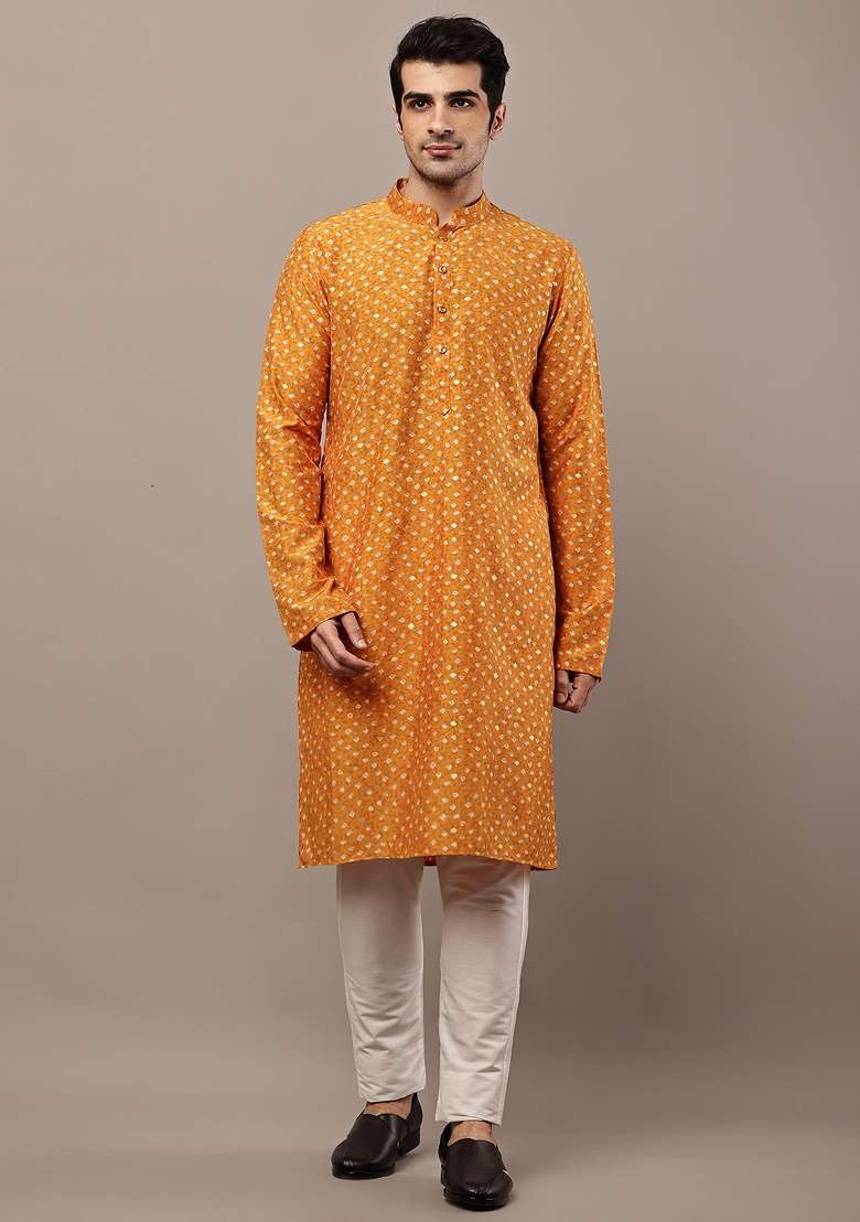 Mustard Embroidered Viscose Kurta For Men - Indya