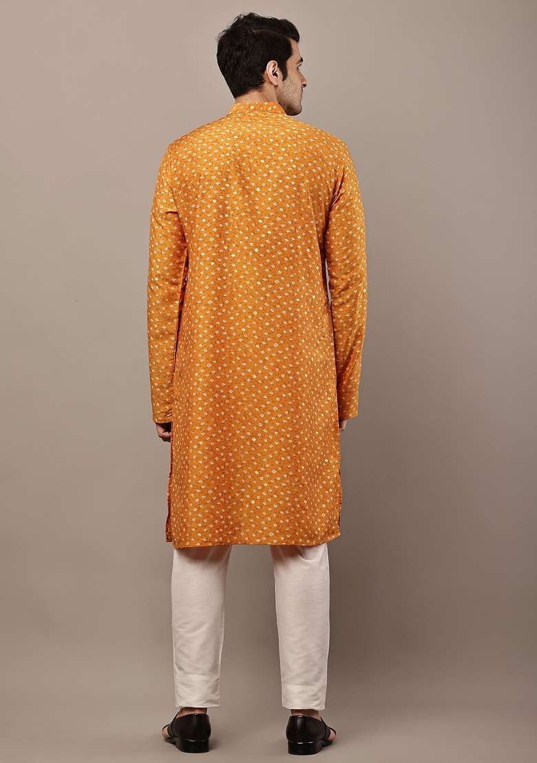 Mustard Embroidered Viscose Kurta For Men - Indya
