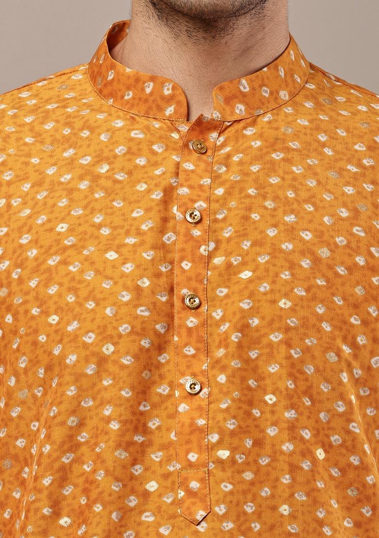 Mustard Embroidered Viscose Kurta For Men - Indya