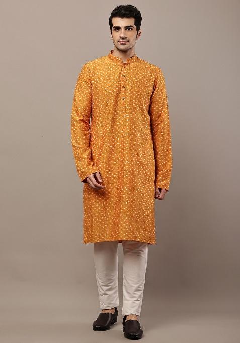 Mustard Embroidered Viscose Kurta For Men