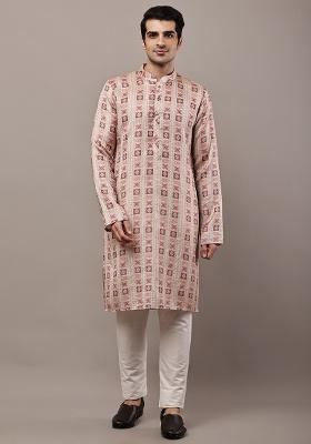 Mustard Embroidered Viscose Kurta For Men