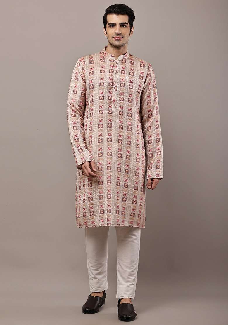 Mustard Embroidered Viscose Kurta For Men - Indya