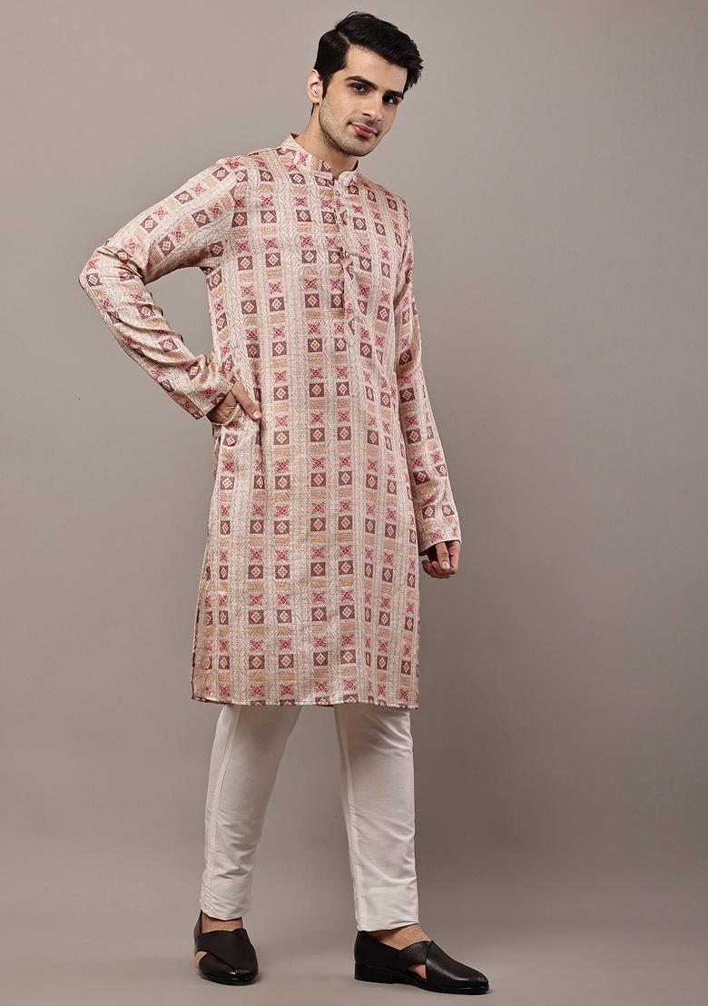 Mustard Embroidered Viscose Kurta For Men - Indya