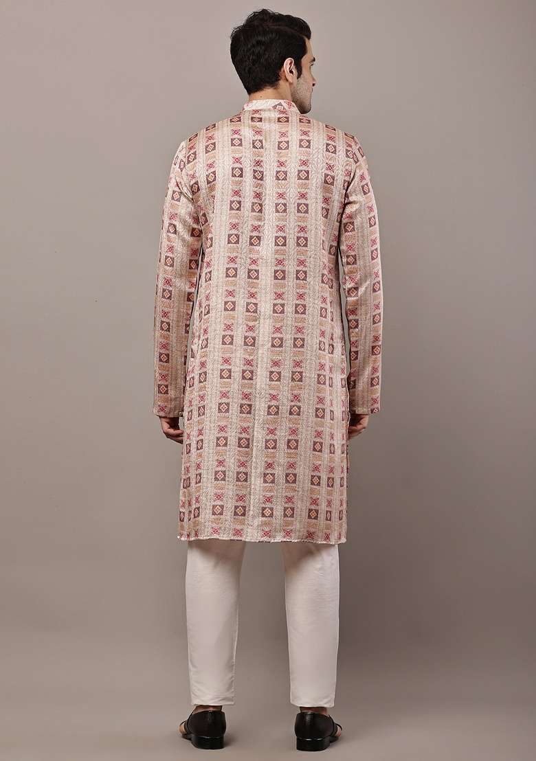 Mustard Embroidered Viscose Kurta For Men - Indya