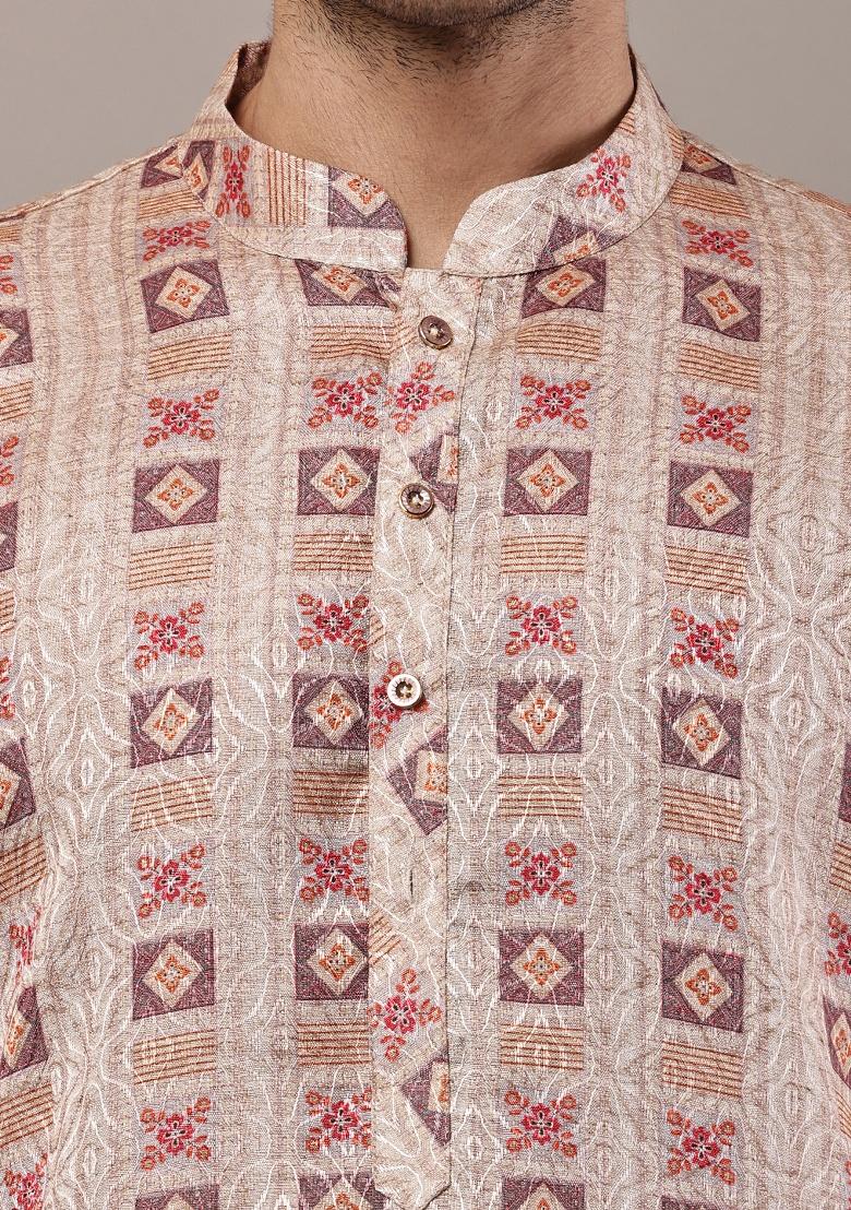 Mustard Embroidered Viscose Kurta For Men - Indya