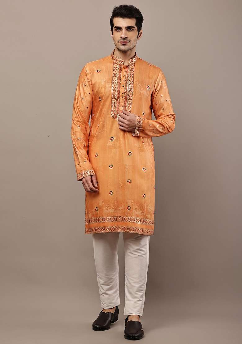 Mustard Embroidered Viscose Kurta For Men - Indya