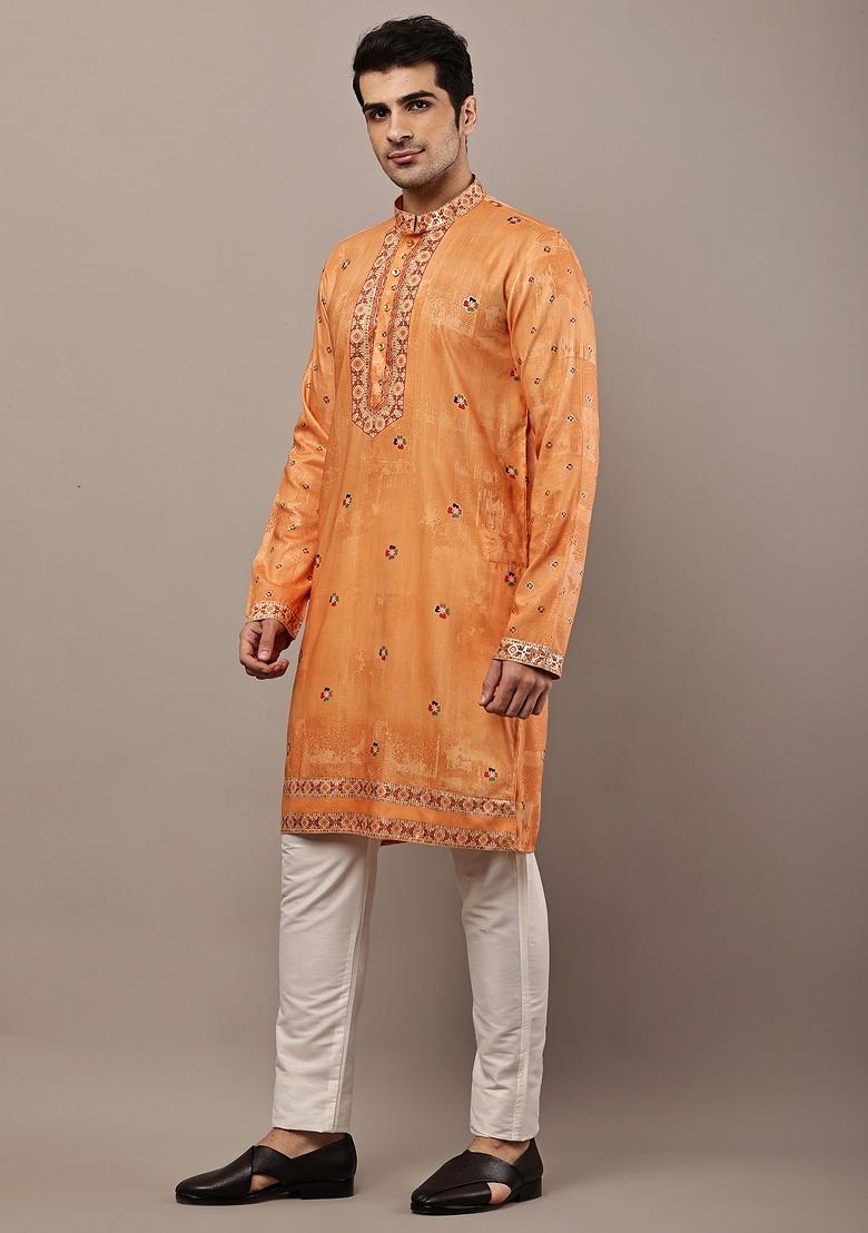 Mustard Embroidered Viscose Kurta For Men - Indya