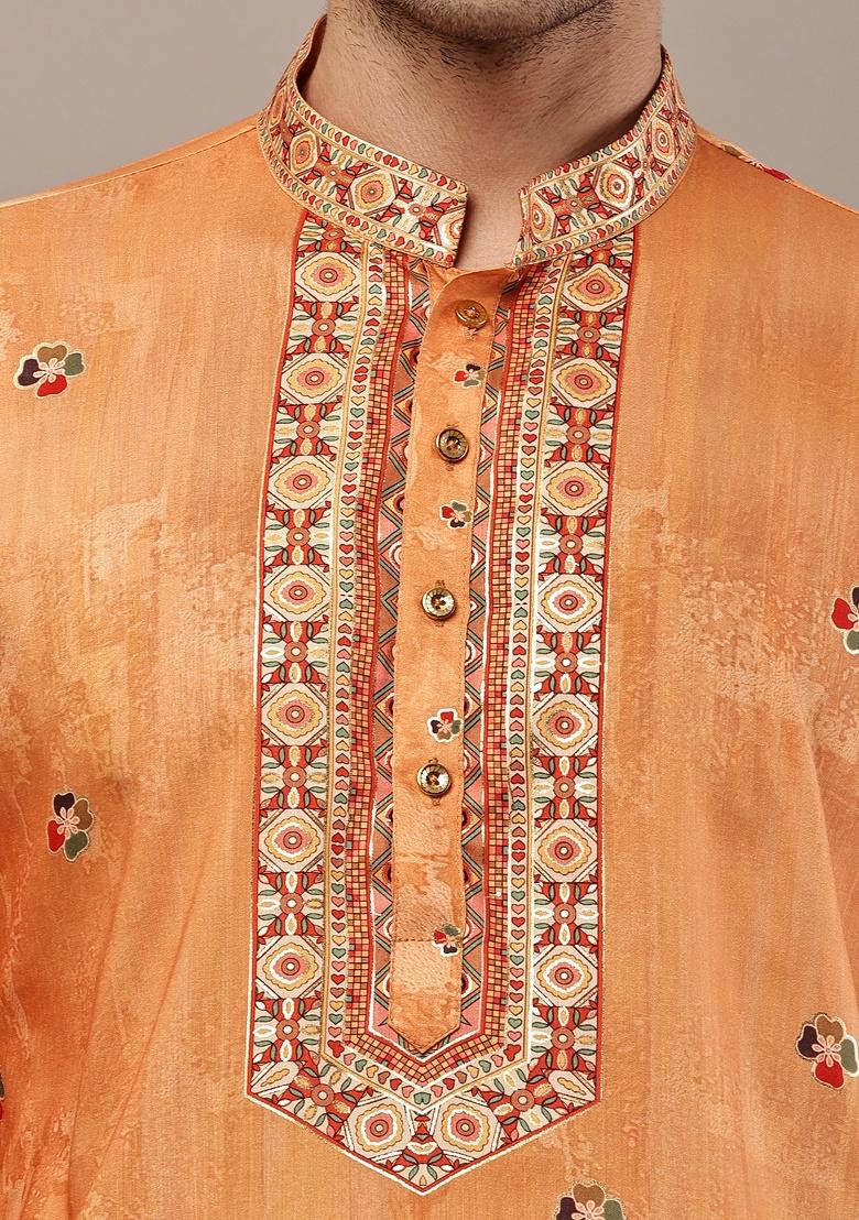 Mustard Embroidered Viscose Kurta For Men - Indya