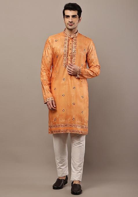 Mustard Embroidered Viscose Kurta For Men