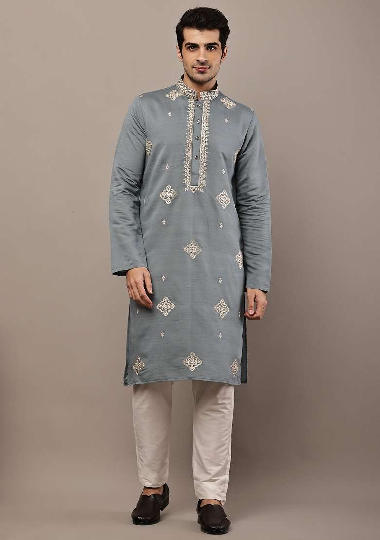 Grey Embroidered Viscose Kurta For Men - Indya