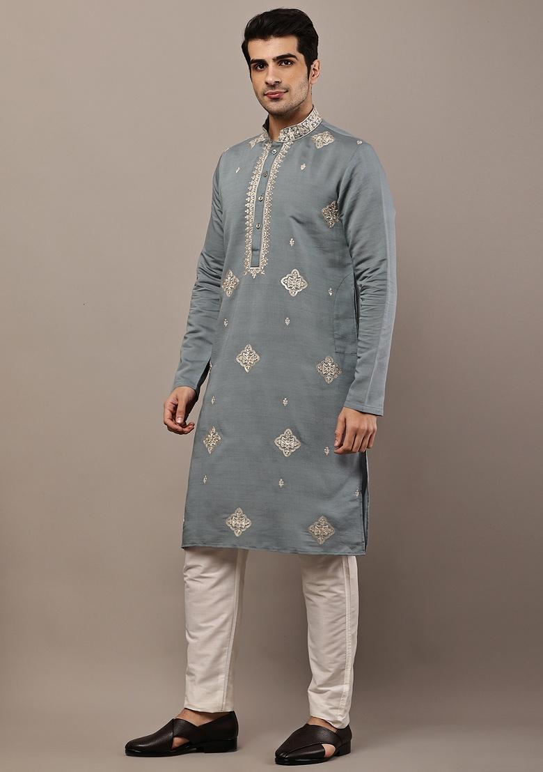 Grey Embroidered Viscose Kurta For Men - Indya