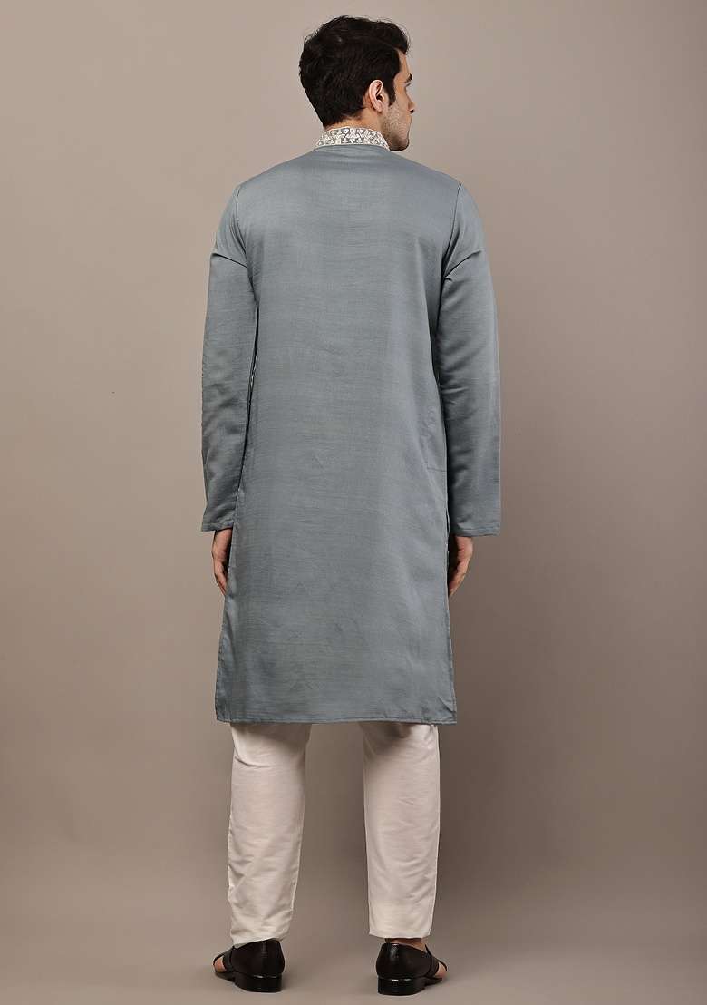 Grey Embroidered Viscose Kurta For Men - Indya