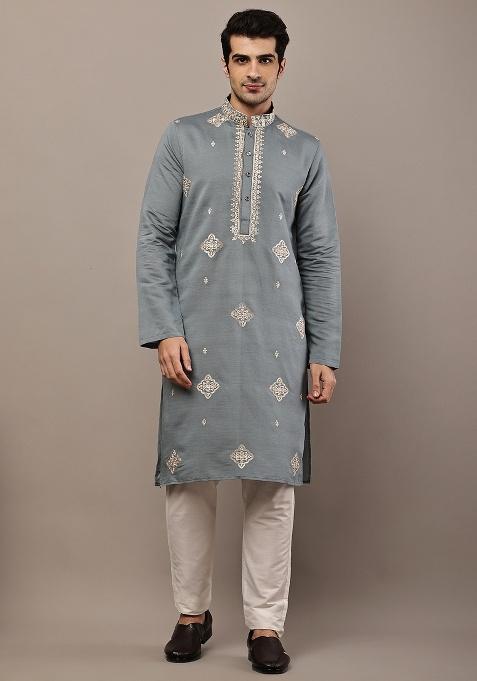 Grey Embroidered Viscose Kurta For Men