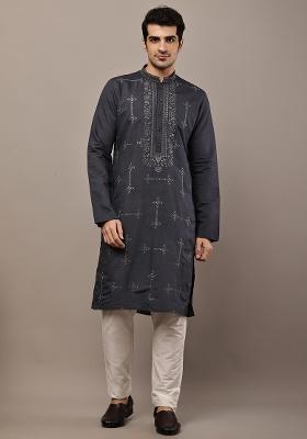 Dark Grey Embroidered Viscose Kurta For Men