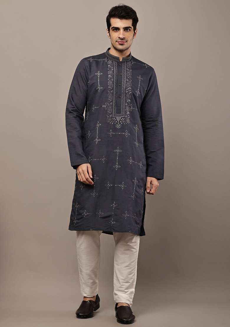 Dark Grey Embroidered Viscose Kurta For Men - Indya