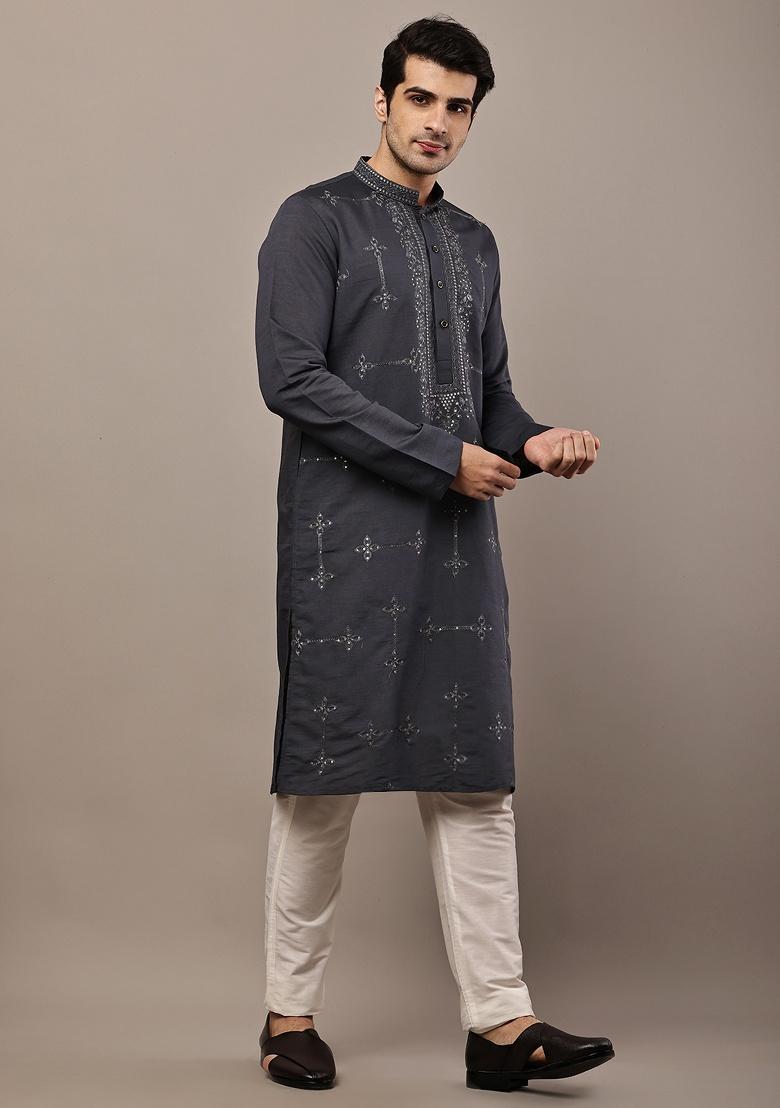 Dark Grey Embroidered Viscose Kurta For Men - Indya