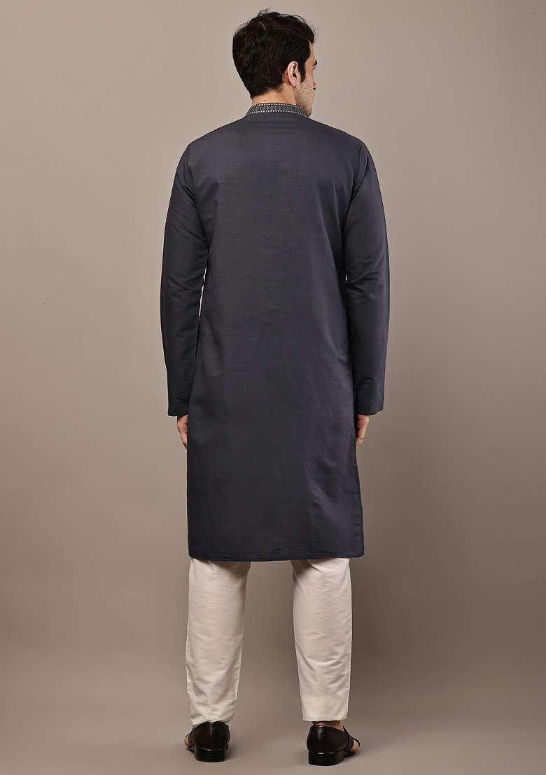 Dark Grey Embroidered Viscose Kurta For Men - Indya