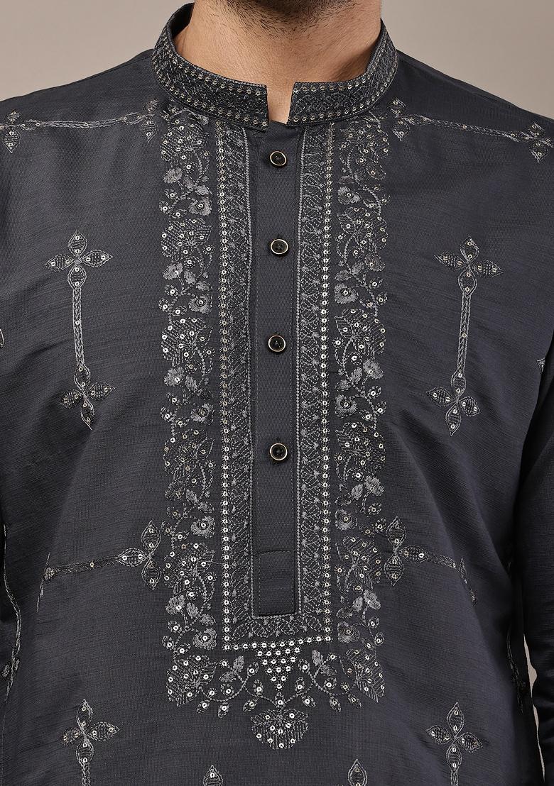 Dark Grey Embroidered Viscose Kurta For Men - Indya