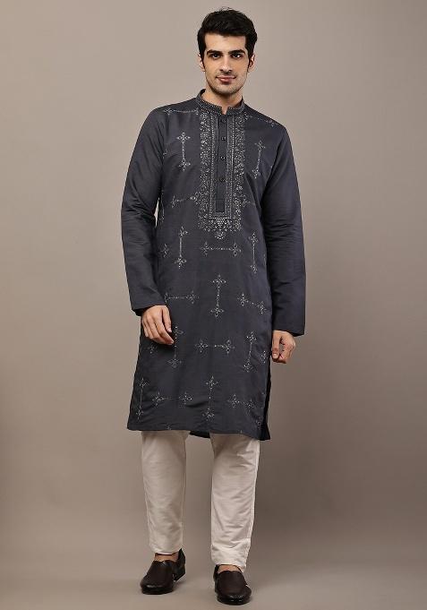 Dark Grey Embroidered Viscose Kurta For Men