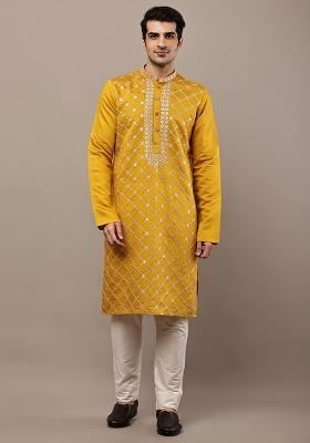 Yellow Embroidered Viscose Kurta For Men
