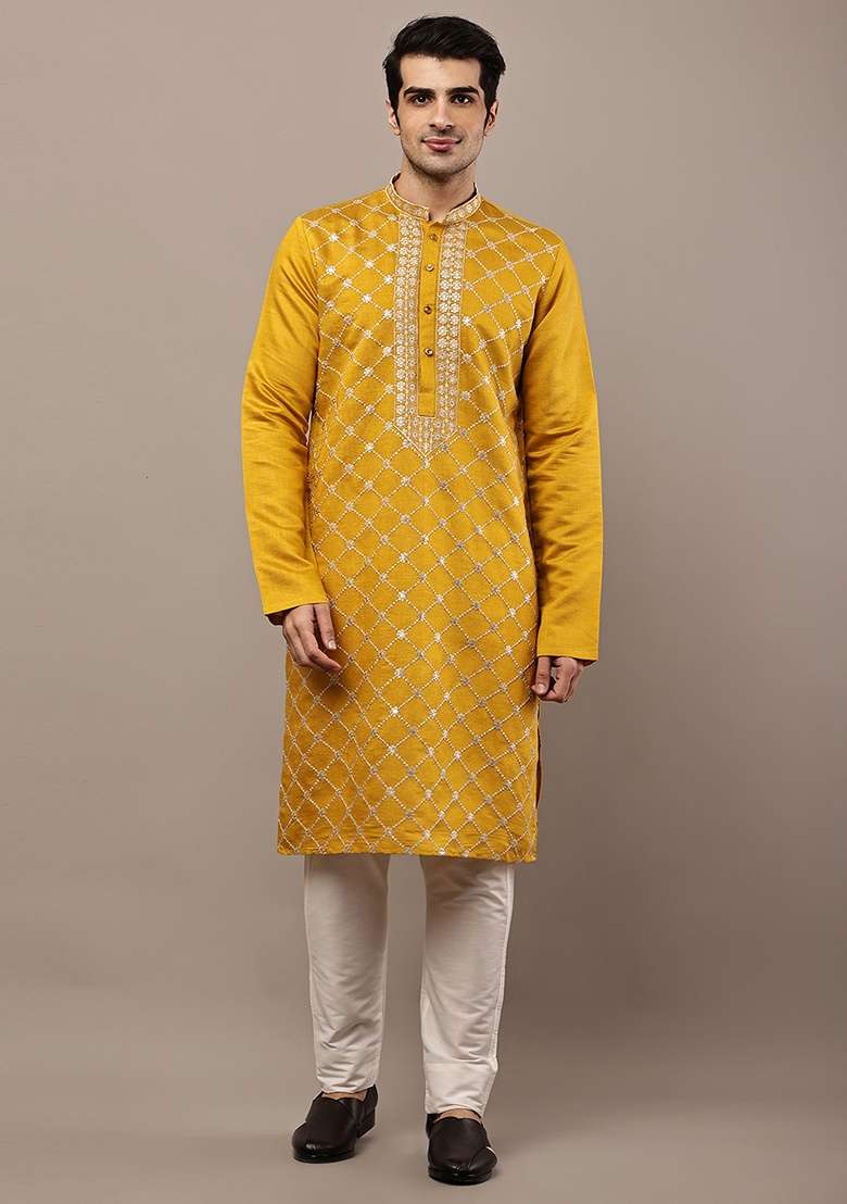 Yellow Embroidered Viscose Kurta For Men - Indya