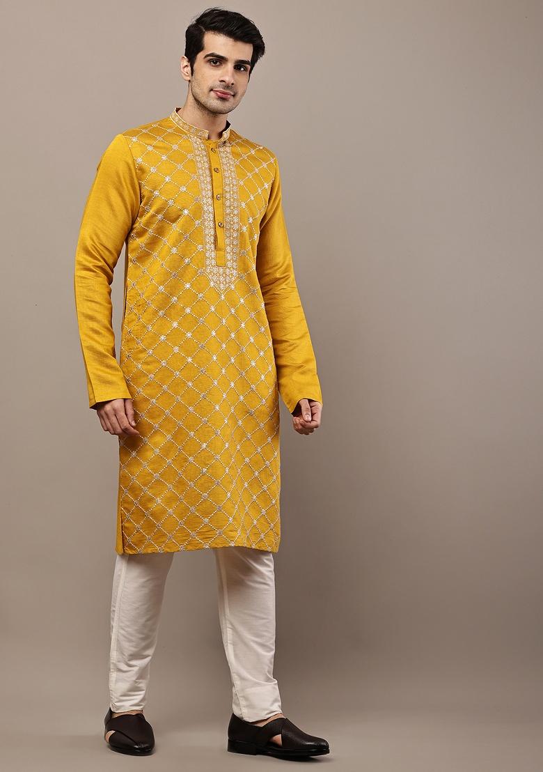 Yellow Embroidered Viscose Kurta For Men - Indya