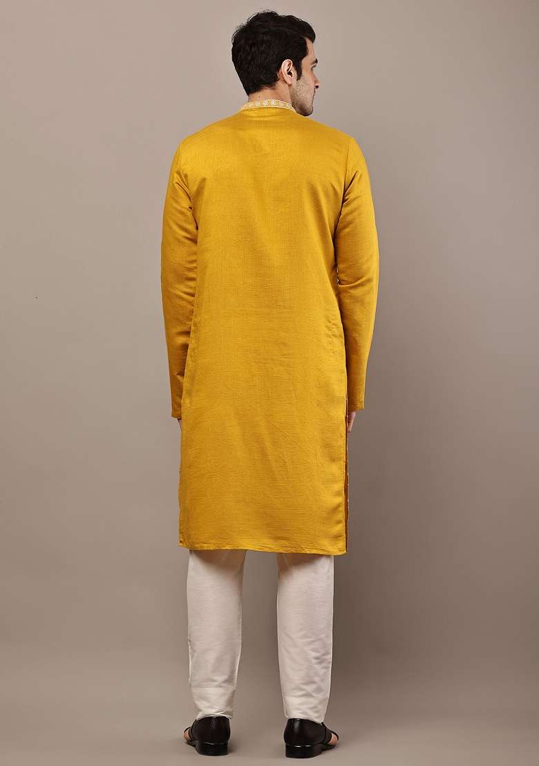 Yellow Embroidered Viscose Kurta For Men - Indya
