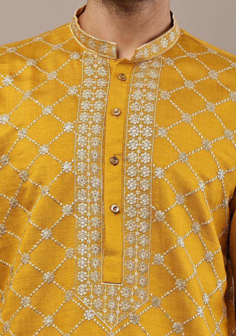 Yellow Embroidered Viscose Kurta For Men - Indya