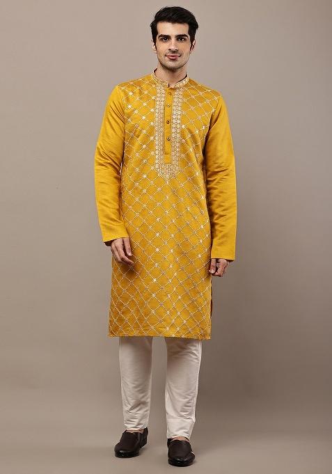 Yellow Embroidered Viscose Kurta For Men