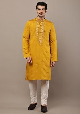 Mustard Embroidered Viscose Kurta For Men