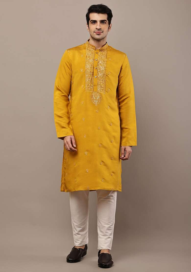 Mustard Embroidered Viscose Kurta For Men - Indya