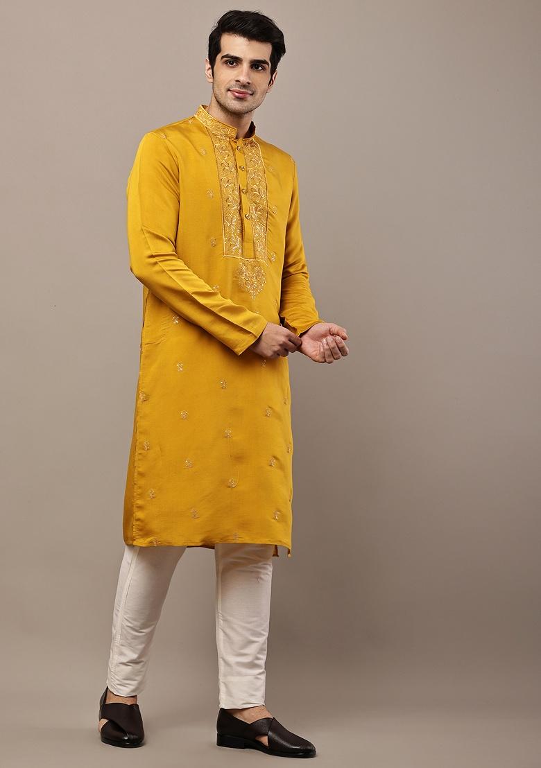 Mustard Embroidered Viscose Kurta For Men - Indya