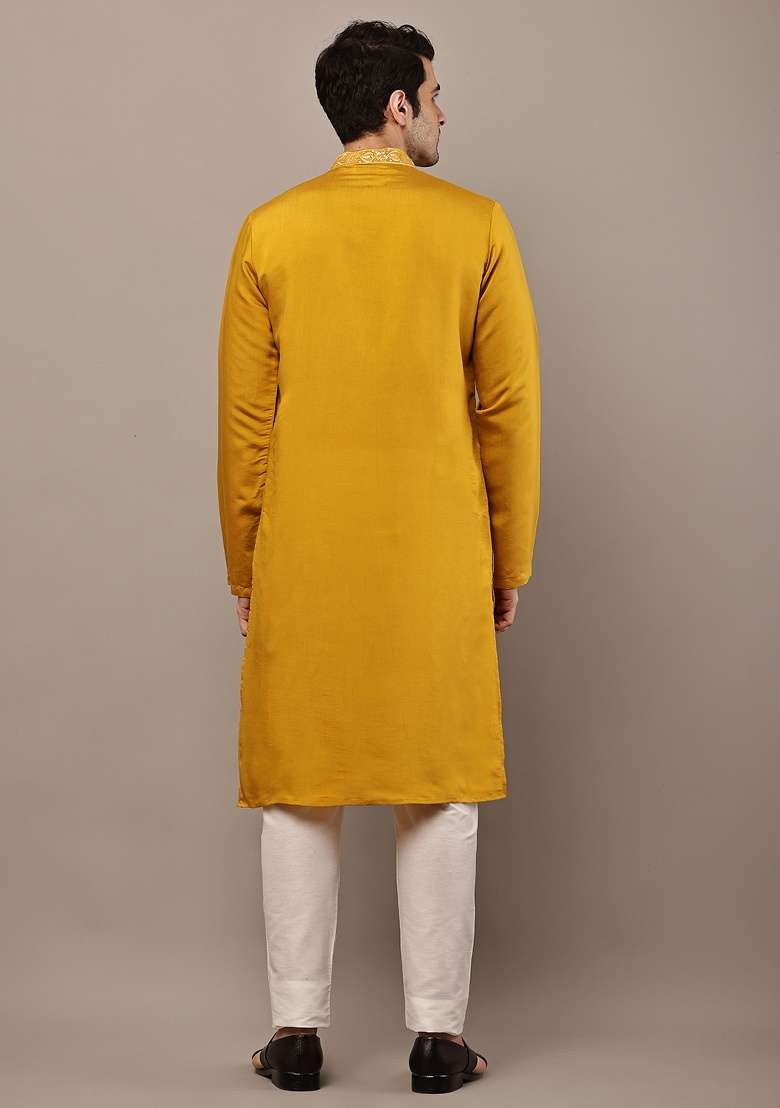 Mustard Embroidered Viscose Kurta For Men - Indya