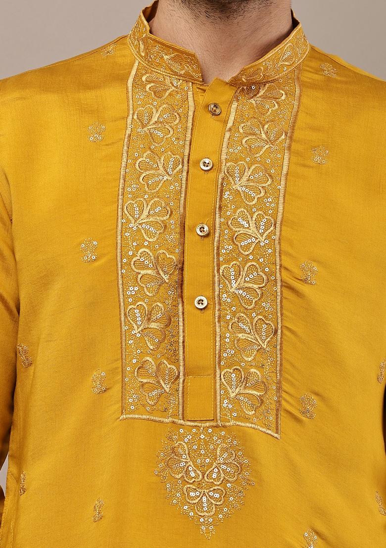 Mustard Embroidered Viscose Kurta For Men - Indya