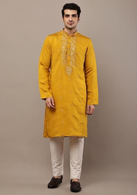 Mustard Embroidered Viscose Kurta For Men