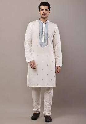 Off White Embroidered Viscose Kurta For Men