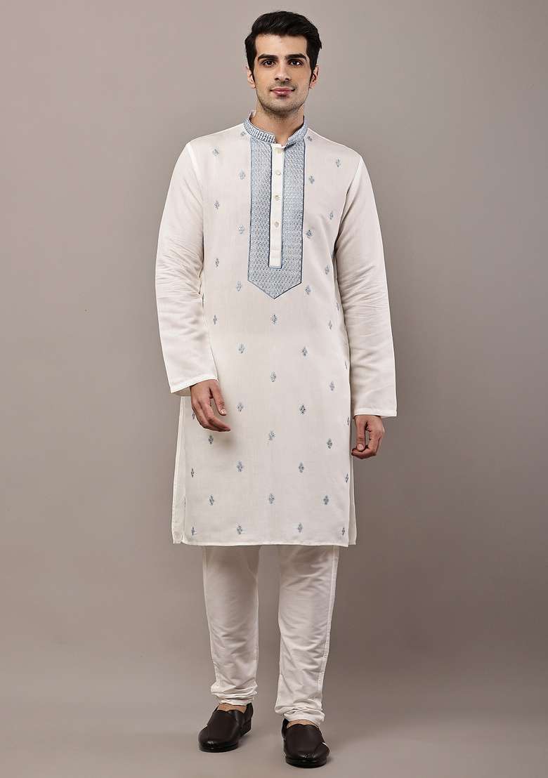 Off White Embroidered Viscose Kurta For Men - Indya