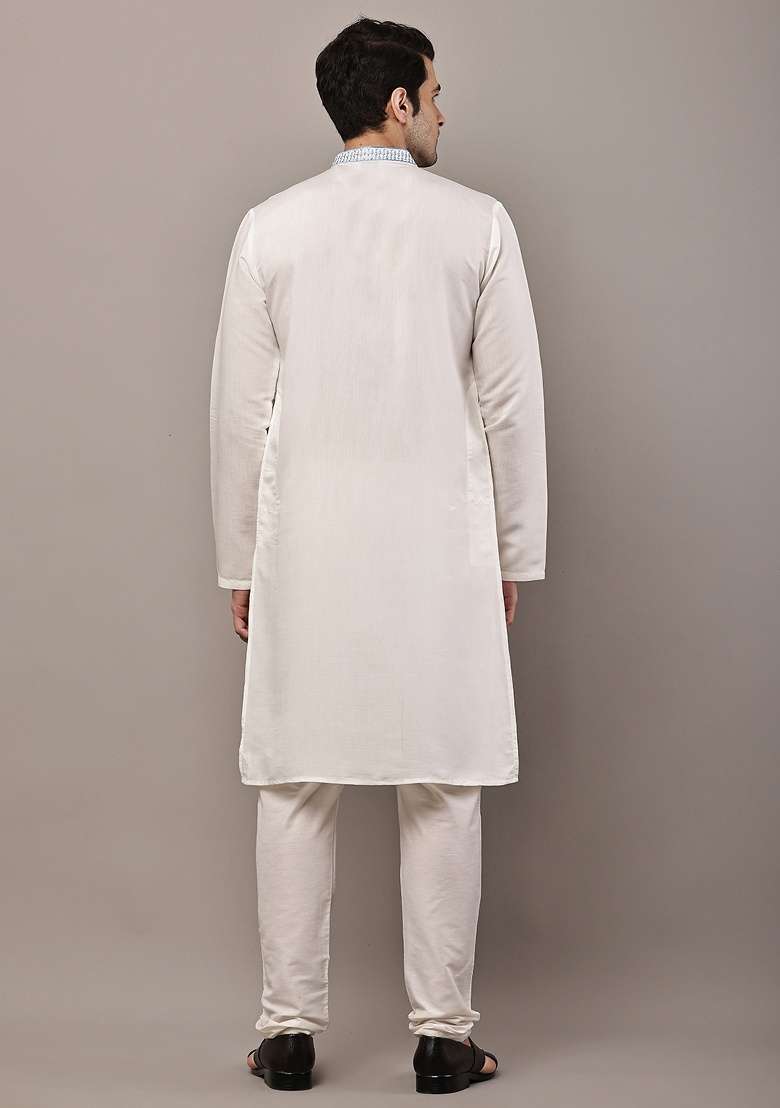 Off White Embroidered Viscose Kurta For Men - Indya